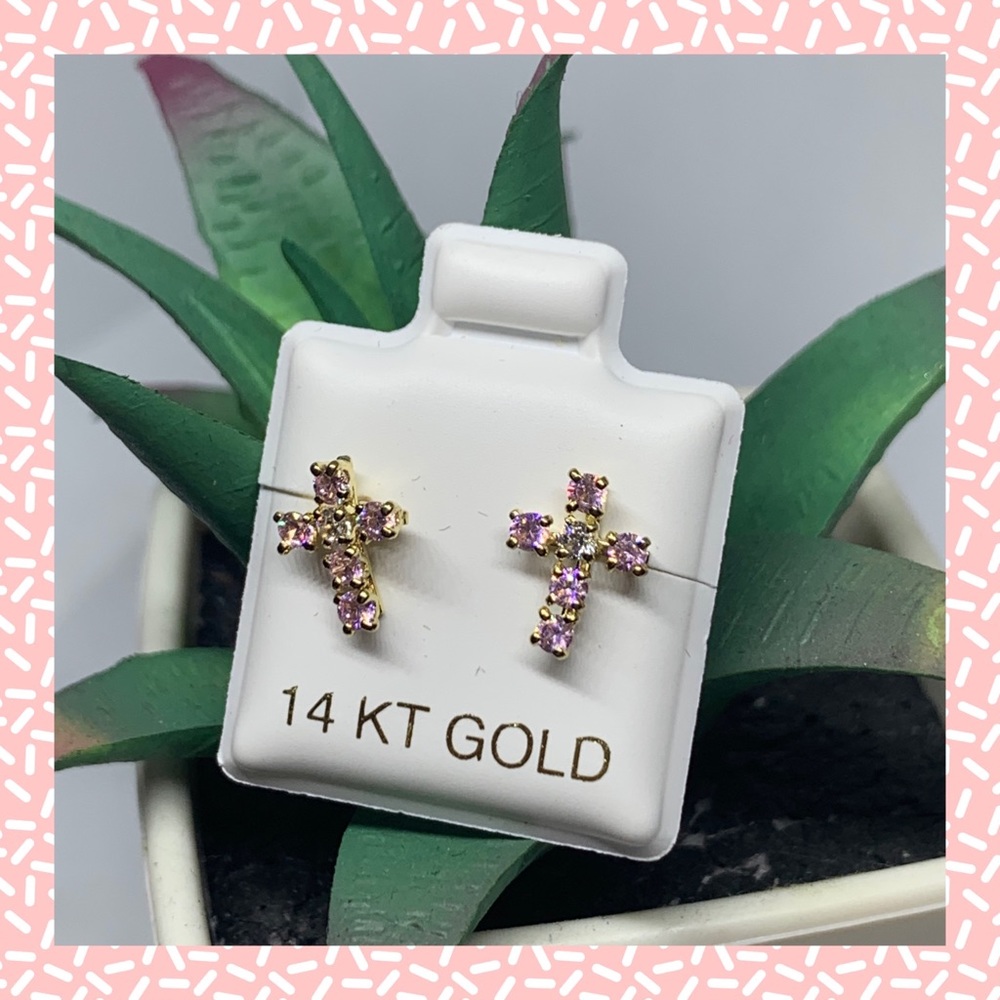 💥SALE💥 14k Gold Cross Earrings with stones ✨🌟 - Picture 3 of 7